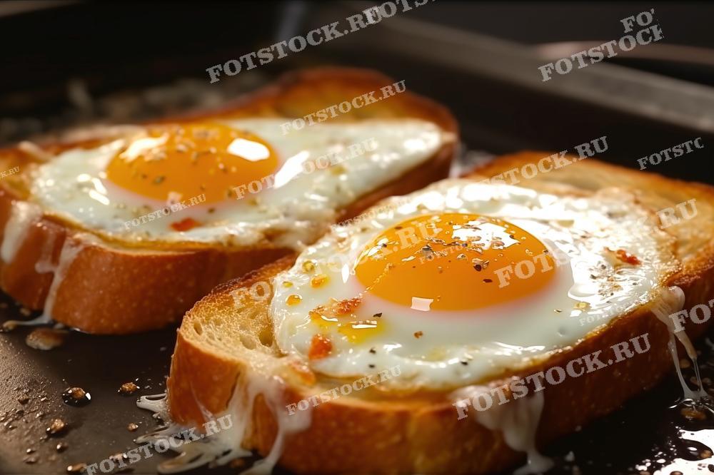 Фотография показывает два жареных яйца с яркими желтками, размещенные на кусках поджаренного хлеба. Яйца и тосты посыпаны специями, что делает изображение еще более аппетитным. Это изображение символизирует вкусный и питательный завтрак.